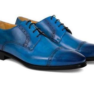 NEW Handmade Men's Blue Color Shoes, Cap Toe Lace Up Shoe, Mens Leather Fashion