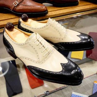 Handmade Men’s Black & White Color Leather Shoes, Wing Tip Brogue Dress Lace Up