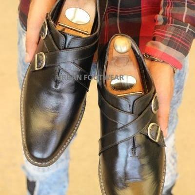 New Handmade Men's Formal Shoes Black Leather Double buckle Stylish Dress