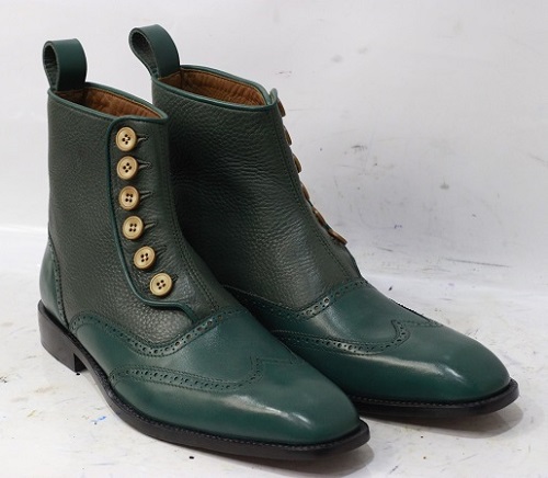 Men's New Handmade Leather Boots Olive Green Leather High Ankle Button Boots