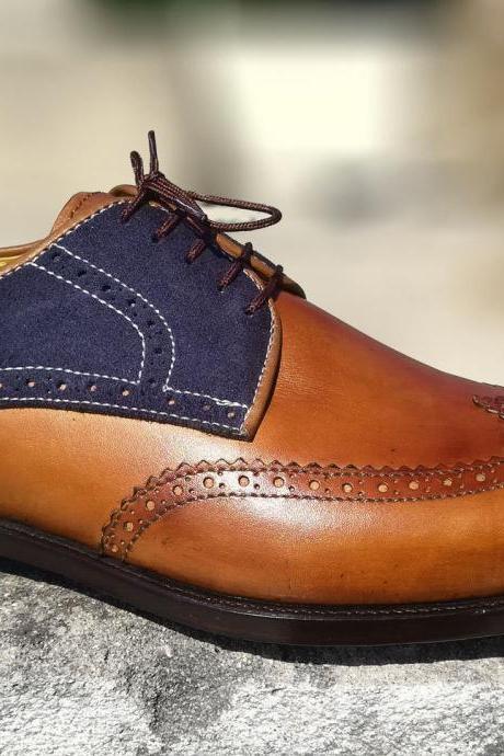 New Men's Luxury Dress Shoes, Men's Blue Tan Formal Designer Suede & Leather Sho