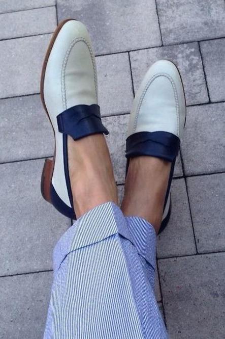 New Handmade Two Tone White & Blue Shoes, Men's Loafer Slip On Moccasins Dress