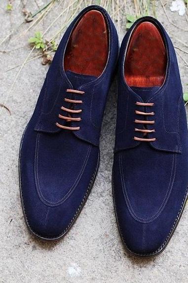 New Men's Handmade Brogue Shoes, Men's Navy Blue Suede Lace Up Dress Shoes