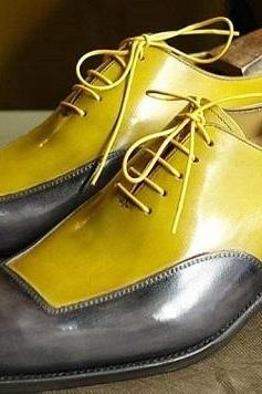 New Men Fashion Shoes, Men handmade Yellow and Gray Color Leather lace Up Shoes.