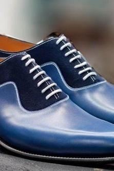 New Handmade Men's Oxford Two Tone Shoe,Men's Leather & Suede Blue Dress Office