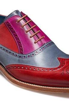 Handmade Men Multi Color Leather Brogue Toe Wing Tip Matching Sole Lace Up Shoe