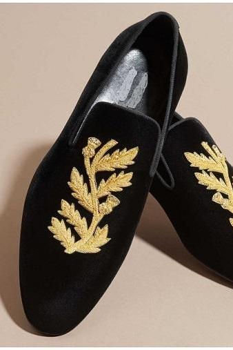 NEW Handmade Men's Black Embroidered Shoe, Velvet Loafers Slip On Casual Formal