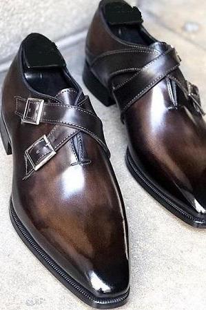 New Handmade Men's brown Double monk strap shoes,Dress leather bespoke shoes