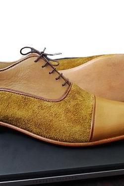 NEW Handmade Men's 2 Tone Brown Lace Up Shoes, Men's New Cap Toe Leather Suede