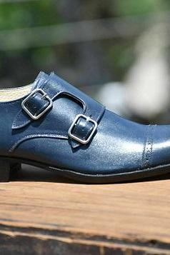 Handmade Men's Genuine Blue Leather Oxford Double Monk Dress Formal Classic Shoe