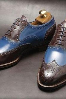 New Handmade men two tone spectator shoes, brown and blue dress shoes, wingtip
