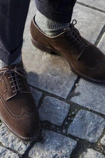 Handmade Men Brown Suede Oxfords Lace Up Personality Shoes