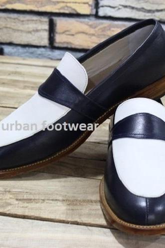 New Mens Handmade Shoes Blue & White Leather Slip On Formal Dress Casual Wear
