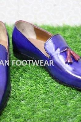 New Mens Handmade Shoes Blue Leather Tassels Moccasins Loafer Formal Dress