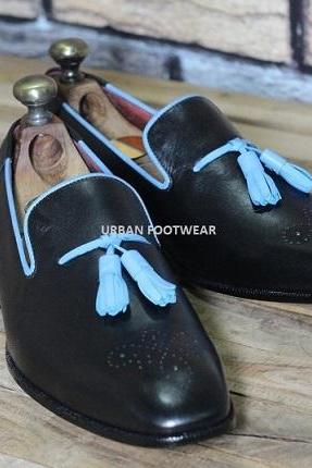 New Men's Handmade Black Leather Blue Tassel Loafer Slip On Stylish Dress