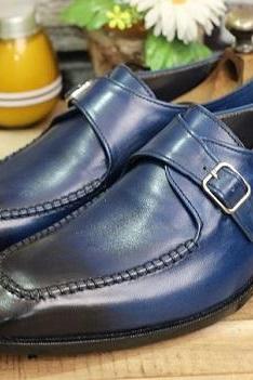 Men's Handmade Blue Leather Single Monk Crop Toe Style Dress & Occasion Shoes