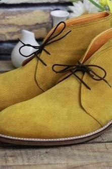 Men's New Handmade Formal Shoes Yellow Suede Leather Lace Up Stylish Chukka