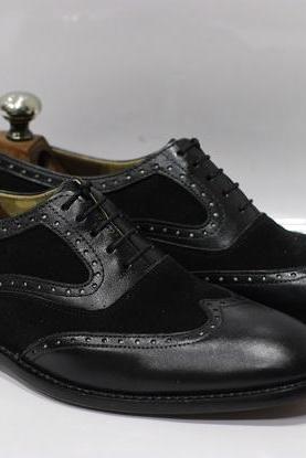 Men's Handmade Formal Shoes Black Leather & Suede Lace Up Wing Tip Dress & Casual Wear Shoes