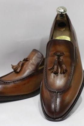 New Handmade Leather Shoes Men's Brown Leather Slip On Teasels Loafer Dress & Moccasin Shoes
