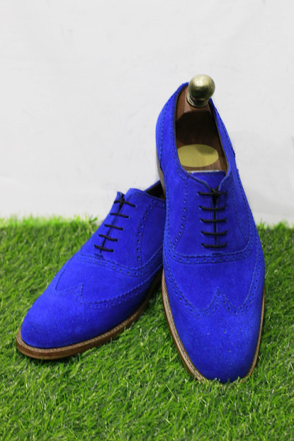 New Men's Handmade Formal Shoes Men's Blue Suede Leather Stylish Lace Up Wing Tip Shoes