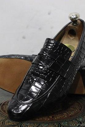 Men's Handmade Formal Leather Shoes Black Crocodile Textured Leather Loafers Stylish Brown Dots Slip On Moccasin Shoes
