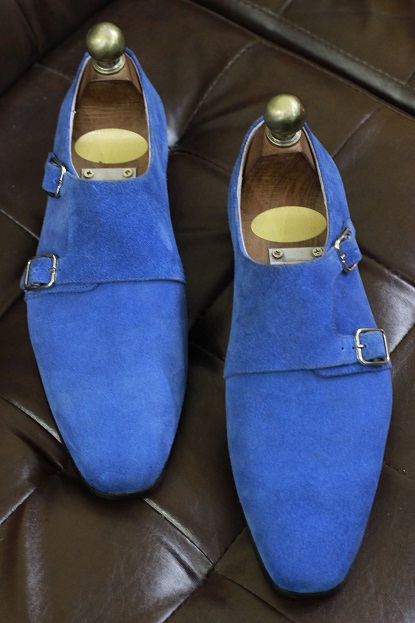 Men's New Handmade Leather Shoes Blue Suede Leather Double Monk Strap Dress & Formal Shoes