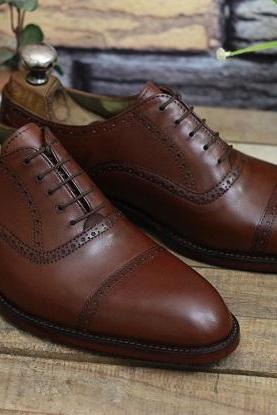 Men's New Handmade Leather Shoes Brown Leather Lace Up Stylish Cap Toe Dress & Formal Wear Shoes