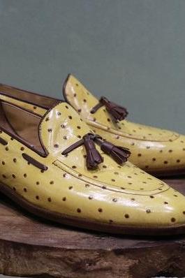 Men's Handmade Formal Leather Shoes Two Tone Yellow Ostrich Leather