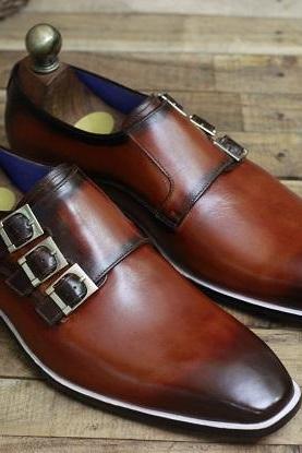 Men's Handmade Leather Shoes Two Tone Tan Brown Leather Triple Monk Strap Dress & Formal Wear Shoes