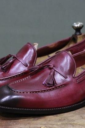 New Men's Handmade Leather Shoes Burgundy Leather Loafer Teasels Slip On Dress & Moccasin Shoes