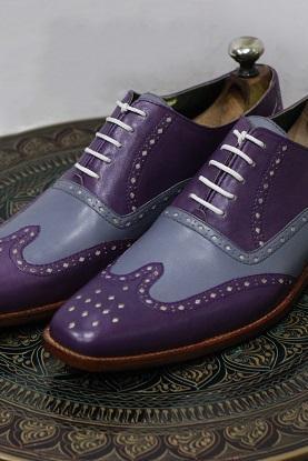 Men's Handmade Formal Leather Shoes Two Tone Purple & Grey Leather Lace Up Stylish Wing Tip Dress & Casual Shoes