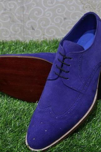 New Handmade Mens Formal Blue Suede Wing Tip Lace Up Casual & Dress Wear Shoes