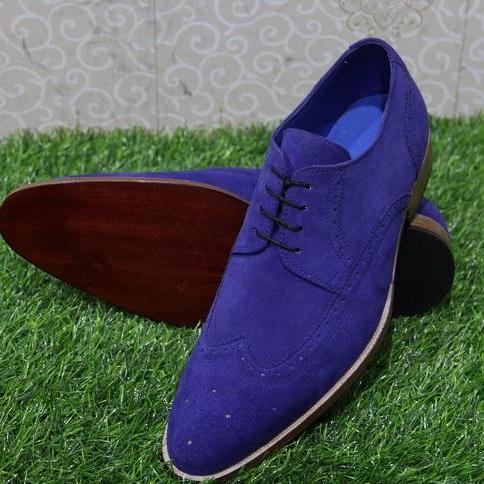 New Handmade Mens Formal Blue Suede Wing Tip Lace Up Casual & Dress Wear Shoes
