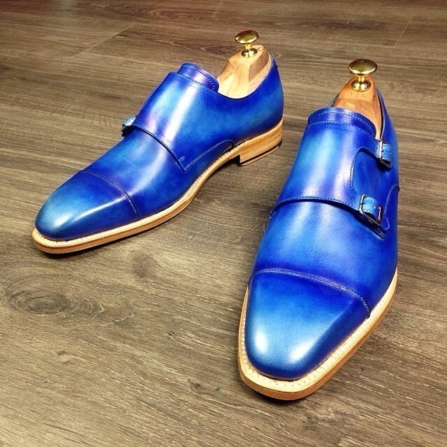 New Handmade Mens Blue Leather Monk Shoes, Mens Formal Shoes, Men Dress ...
